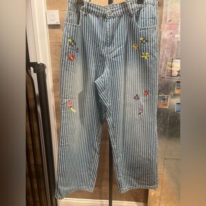 Shein Curve 1XL Striped Wide Leg Embroidered Jeans